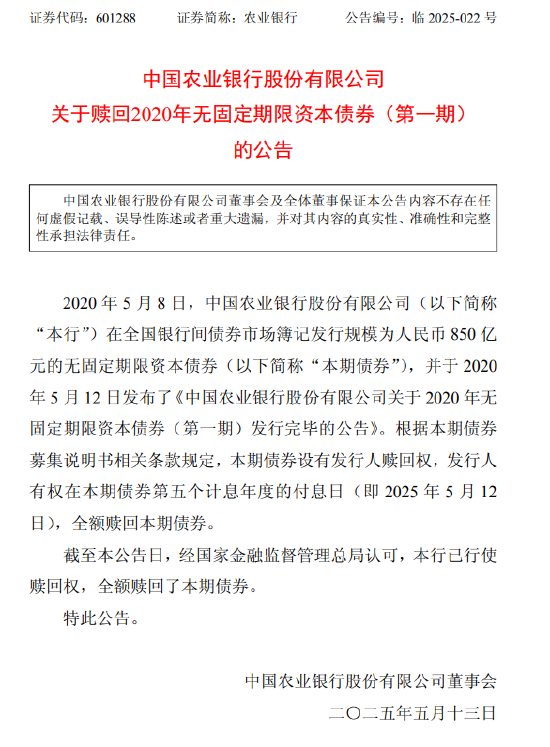 炒股平台配资 农业银行：已全额赎回850亿元无固定期限资本债券